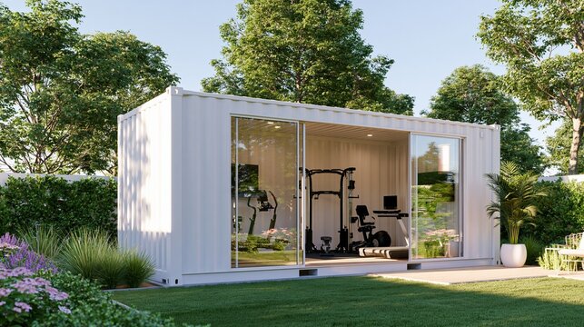 White shipping container converted into a backyard home gym with large glass doors, surrounded by green grass and trees, featuring exercise equipment inside