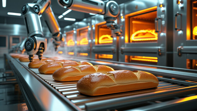 Automated bakery production line with robotic arm and fresh bread on conveyor