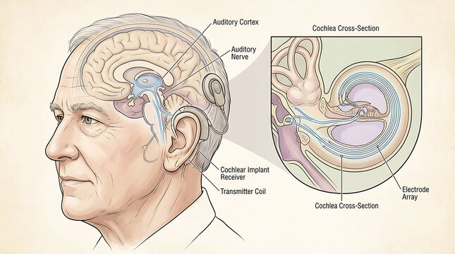 Detailed anatomical diagram of cochlear implant components and placement