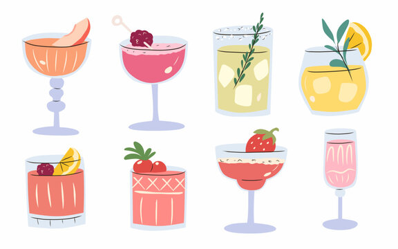 Vector set of alcoholic drinks, fruity cocktails, party beverages, summer drinks, glassware, menu design elements, bar alcohol flat illustrations, cocktail graphics on white background
