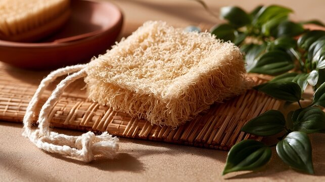 Natural fiber body scrub pad rests on bamboo mat beside green leaves in warm  sunlit setting
