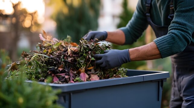 A person wearing gloves is placing garden waste into a large gray bin for composting in an outdoor garden setting