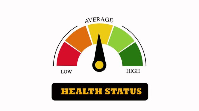 A flat design vector illustration of a health status meter with a needle pointing towards the low red zone, symbolizing poor physical condition or health 
