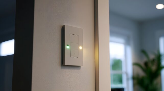 A modern wall mounted light switch with glowing indicator lights set against a textured wall in a softly lit interior space