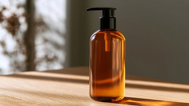 A sleek amber pump bottle rests on a wooden surface bathed in warm sunlight with soft shadows from nearby foliage