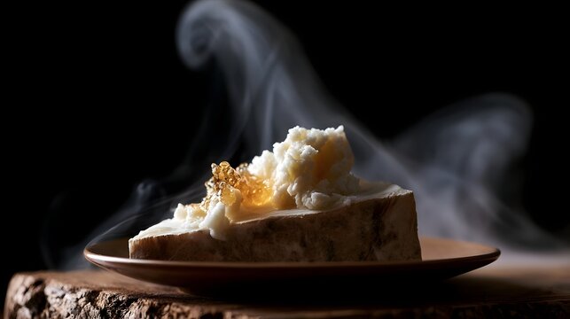 A slice of creamy cheese topped with golden honey and wisps of steam  presented on a wooden plate against a dark background