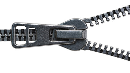 Metal zipper slider and teeth partially open, isolated on transparent background © Corotaev