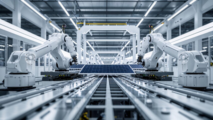 Naklejka premium Robotic arms assembling solar panels on a modern automated production line