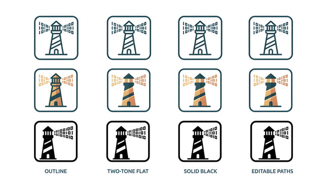 Set of digital lighthouse icons featuring various flat design styles