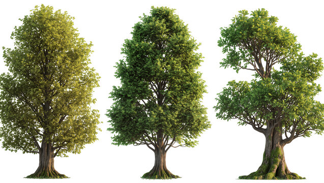 Three deciduous trees with lush green foliage, isolated on transparent background