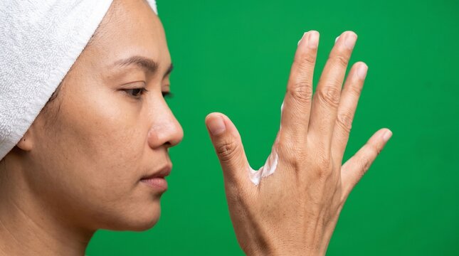 Side profile close up photo of an East Asian adult woman in Generation Y Millennial looking down intently at the back of her raised hand, examining a white cosmetic cream dab on her skin against a sol
