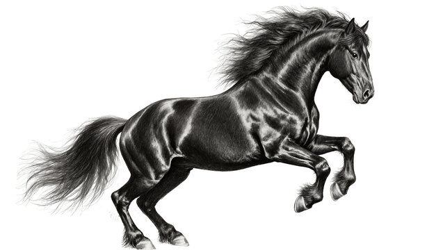 Majestic black horse rearing up, isolated on transparent background