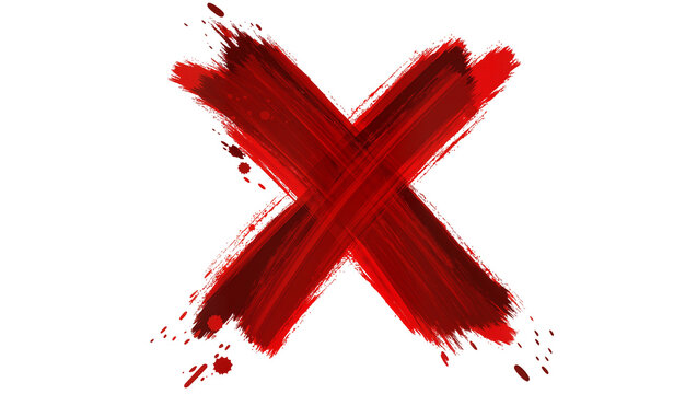 Bold red brush stroke X mark with splatters, isolated on transparent background