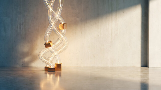 Abstract glowing light cables with geometric blocks and copy space