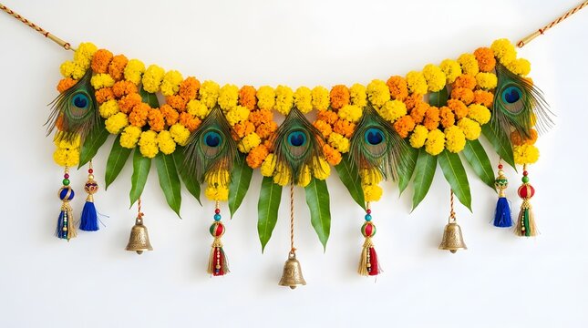 Traditional indian decorative toran door hanging with marigold flowers, mango leaves, peacock feathers, and brass bells isolated on white background
