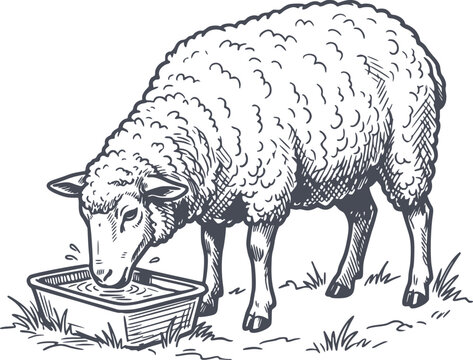 detailed vintage style illustration of a sheep drinking water from a trough. classic hand drawn farm animal graphic in dark blue, ideal for rustic designs. this vector has no white fills, offering ver