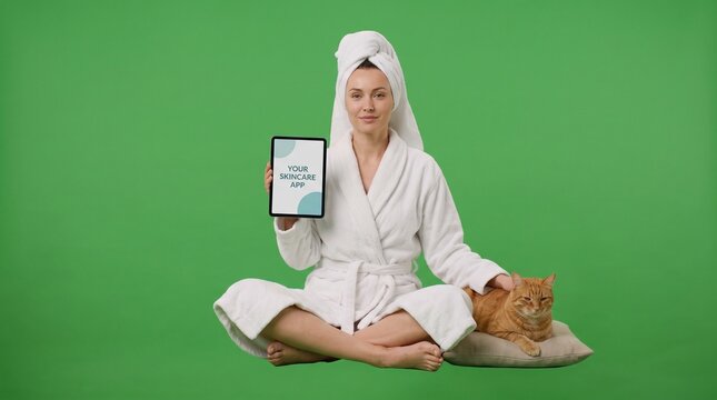 Full body wide shot video of a Caucasian adult woman in Generation Y Millennial wearing a white towel turban and white bathrobe, sitting cross-legged holding a tablet with a blank screen, while a fluf