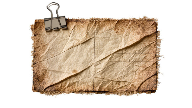 Crinkled aged paper note with frayed burlap edge held by binder clip, isolated on transparent background
