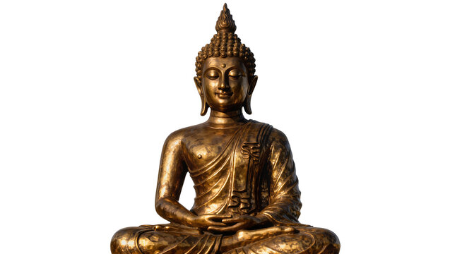 Golden Buddha statue with serene expression meditating in lotus pose, isolated on transparent background