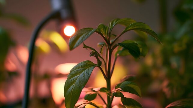 A young green plant grows under warm light in a softly blurred indoor setting with glowing background hues