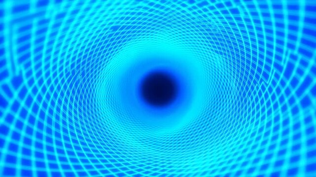 Abstract blue wireframe tunnel with glowing grid pattern and central dark opening