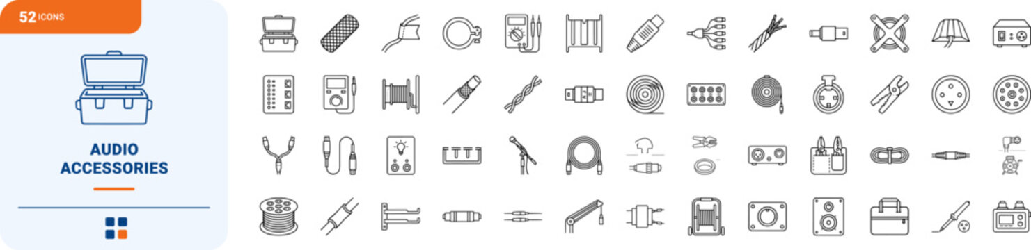Pro audio accessories line icon set. Vector pictograms of sound equipment, studio wiring, stage cable, and audio connector elements, thin linear illustration.