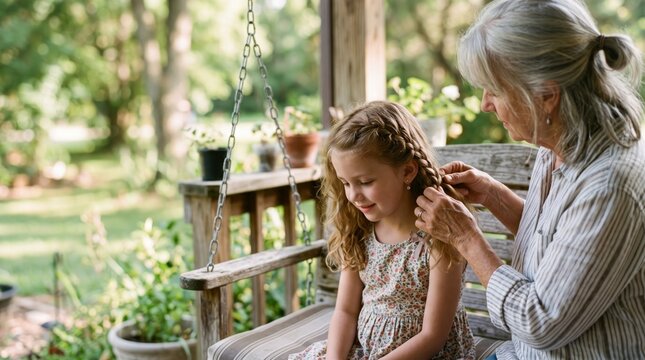 Caring grandmother braiding her granddaughter's hair while sitting together on a sunny garden porch