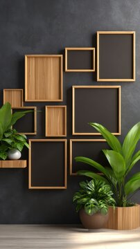 A collection of wooden frames arranged on a dark wall, complemented by vibrant green plants
