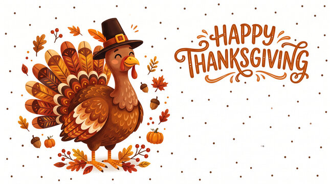 A cartoon turkey wears a pilgrim hat, surrounded by autumn leaves and text "Happy Thanksgiving", signifying the holiday celebration and harvest season