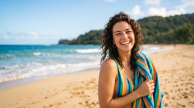 Happy young woman with curly hair wrapped in a colorful striped towel on a beautiful sunny tropical beach