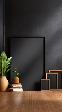 A minimalistic interior featuring a black wall, plants, and framed artwork awaiting display