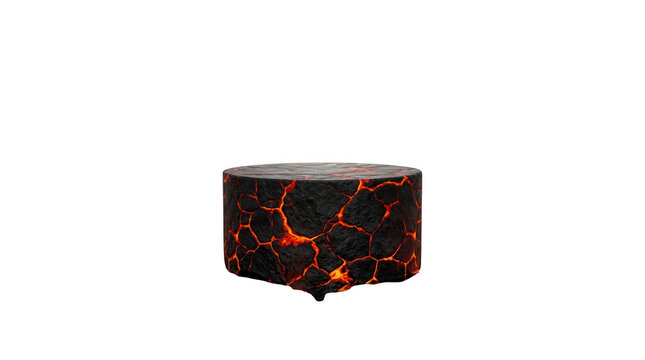 Une table basse ronde au design moderne avec une texture de roche volcanique noire et des fissures lumineuses orange rappelant la lave en fusion sur fond blanc.
