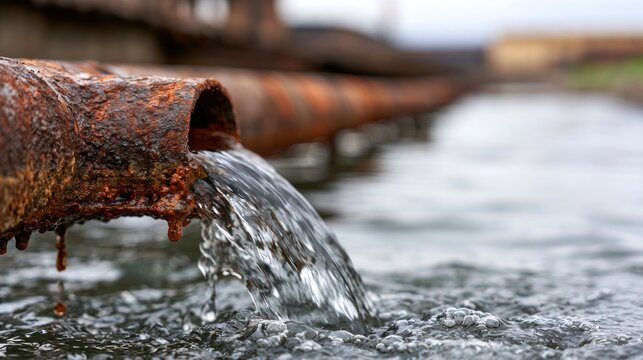 Water flowing from rusty pipe into body of water