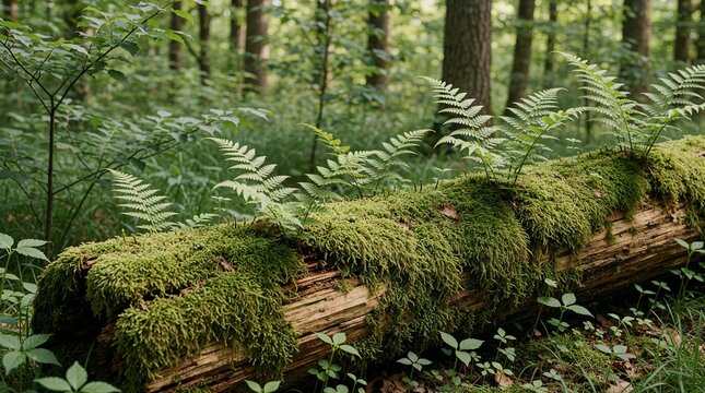 Ferns and Moss Growing Across a Fallen Tree in Woodland
