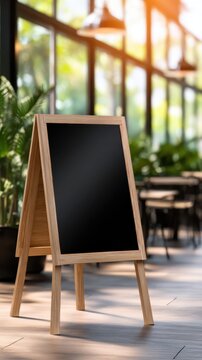 A wooden easel-style chalkboard stands idle in a bright cafe filled with greenery and sunlight