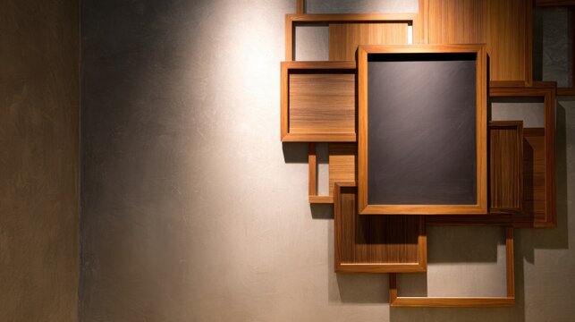 A collection of wooden frames arranged creatively on a textured wall, showcasing modern design