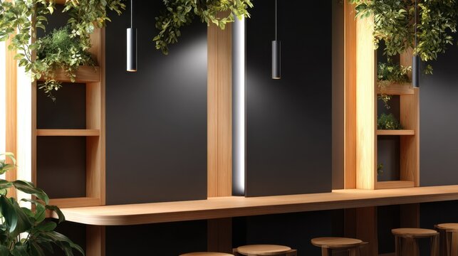 Modern interior with wooden bar, black walls, and hanging plants creating a serene atmosphere