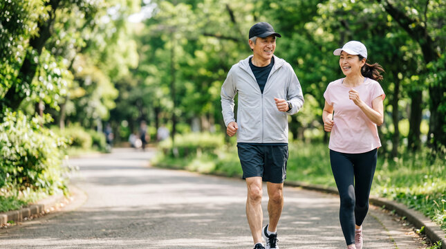 公園の並木道を笑顔でジョギングする60代夫婦、健康的なシニアライフのイメージ / Senior couple in their 60s jogging together with smiles on a tree-lined park path, healthy senior lifestyle image