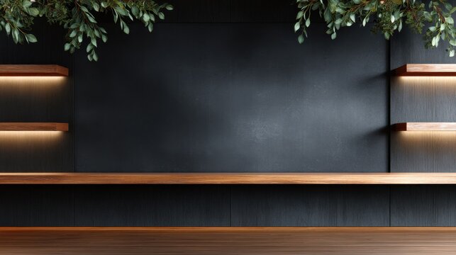 Modern interior design featuring a sleek black wall, wooden shelf, and green foliage accents