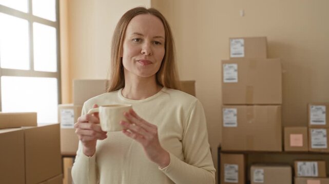 Woman holding mug with both hands amid stacked shipping boxes in a storage building; small business calm.
