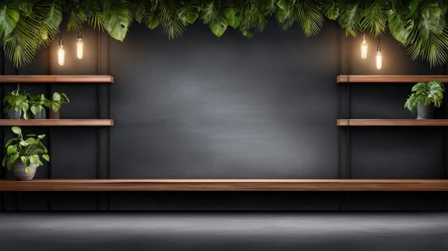 A modern interior with dark walls, wooden shelves, plants, and pendant lights creating an inviting space
