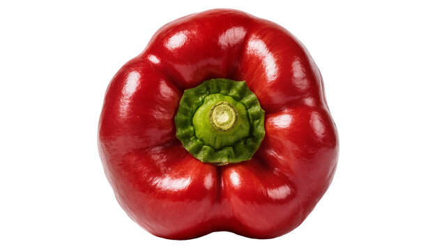 Shiny red bell pepper with green stem, isolated on transparent background