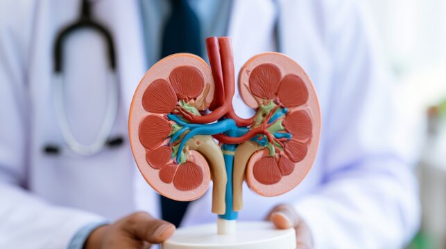 Kidney disease and chronic kidney disease concept with doctor holding a human kidney model for medical study and treatment, representing healthcare, diagnosis, renal function, research, hospital care