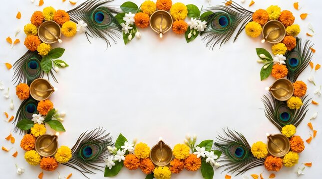 Diwali festival background with marigold flowers, jasmine, peacock feathers, and lit oil lamps isolated on white background