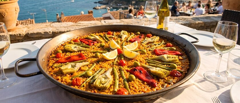 Traditional Spanish Vegetable Paella in a Cast‑Iron Pan on a White Tablecloth with White Wine Glasses and a Sea View &mdash; A large, rustic cast‑iron paella pan holds a vibrant vegetable paella: golden saf