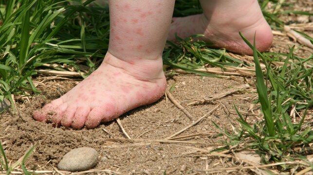 Red rash on toddler foot caused by hand foot mouth disease, showing small red spots and skin irritation associated with a common childhood viral infection and pediatric health condition