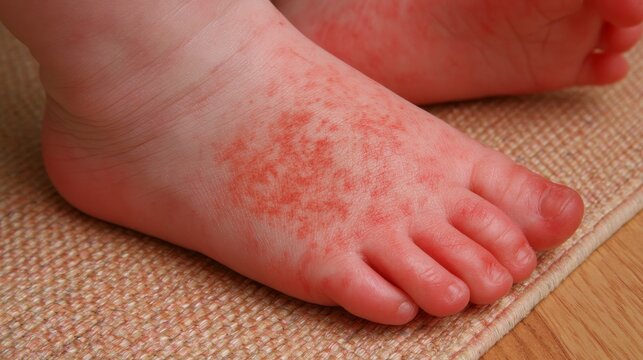 Red rash on toddler foot caused by hand foot mouth disease, showing small red spots and skin irritation associated with a common childhood viral infection and pediatric health condition