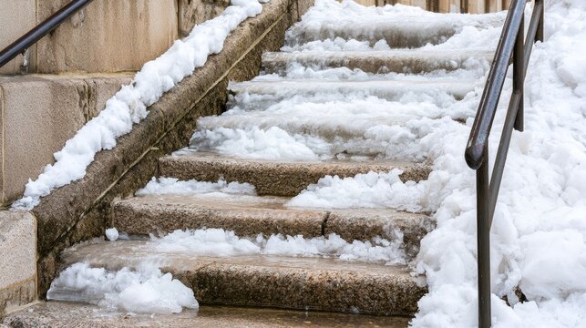 Slippery ice covering outdoor stairs during winter weather, creating a dangerous walking surface and highlighting hazards, freezing conditions, cold temperatures, and seasonal safety risks