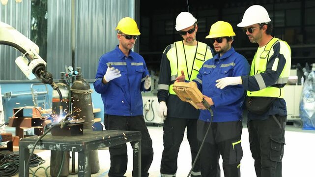 Team mechanical engineers mele wearing protective goggles operates welding robot arm testing  steel plate electric welding industrial technology control remote control system expert technician.