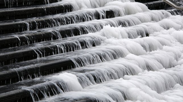 Slippery ice covering outdoor stairs during winter weather, creating a dangerous walking surface and highlighting hazards, freezing conditions, cold temperatures, and seasonal safety risks